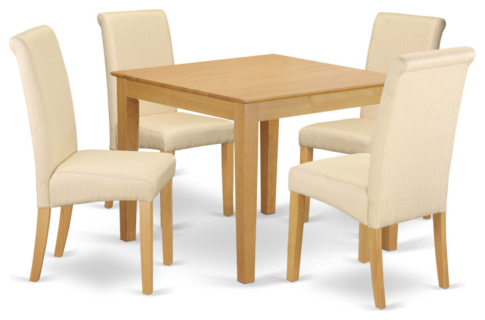 5Pc Square Table With Linen Beige Fabric Kitchen Chairs With Oak Chair Legs