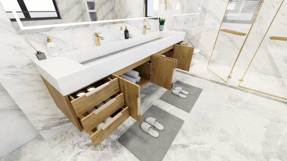 Madison 84" Wall Standing Double Sink Vanity with Reinforced Acrylic Sink, Oak