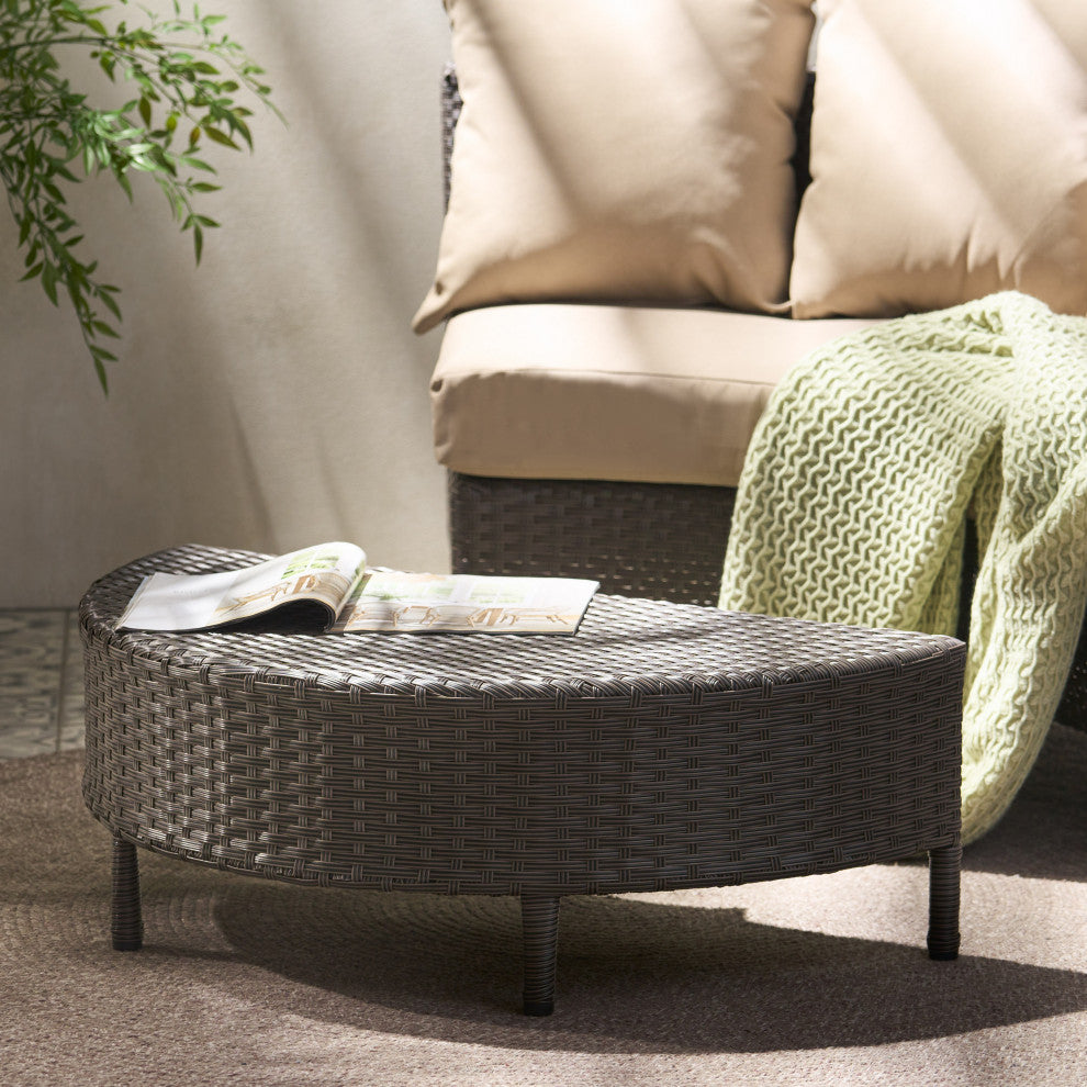 Harper Outdoor Wicker Half-Round Coffee Table, Dark Brown