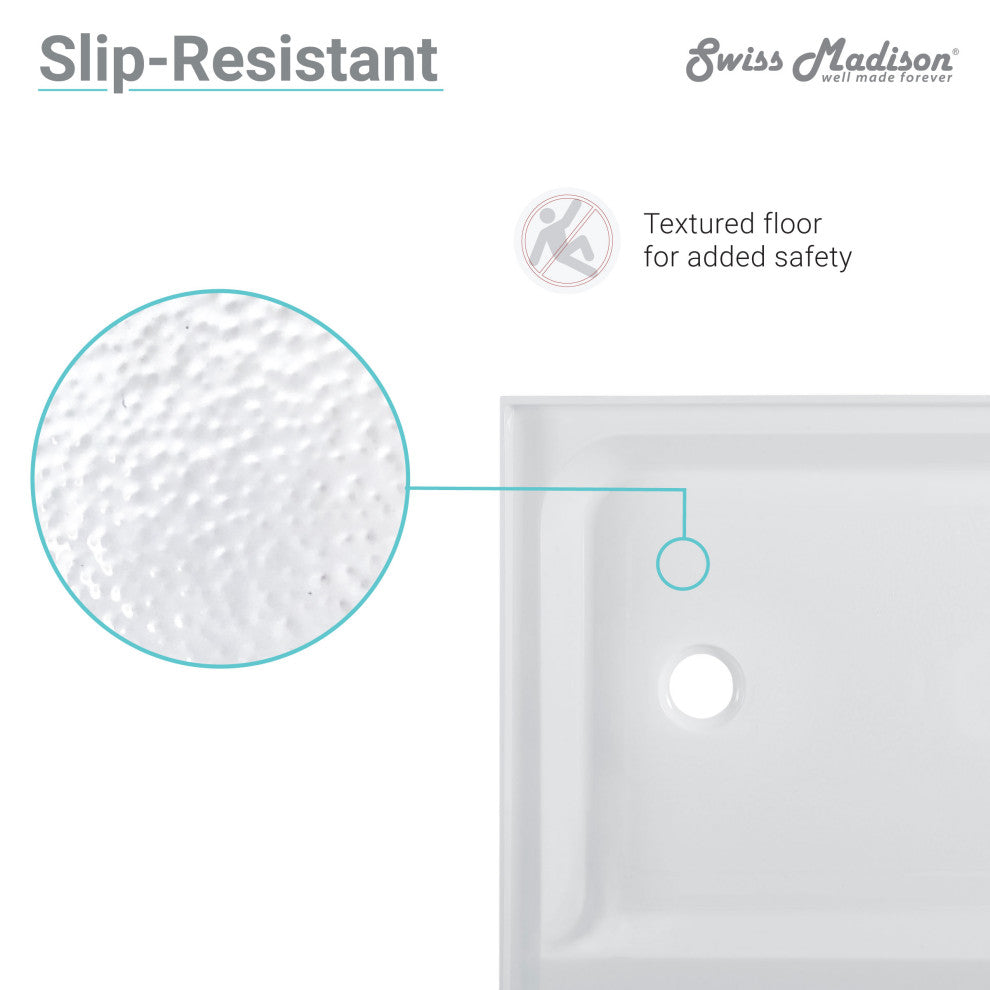 Voltaire 60"x32" Acrylic White, Single-Threshold, Center Drain, Shower Base
