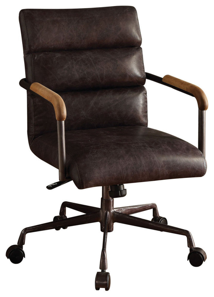 Midcentury Office Chair, Top Grain Leather Seat With Channel Back, Antique Ebony