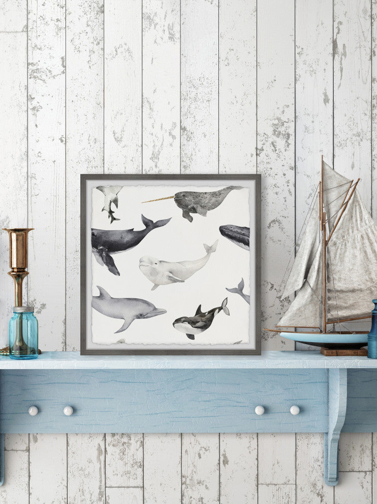 "Dolphins and Whales" Framed Painting Print, 32x32