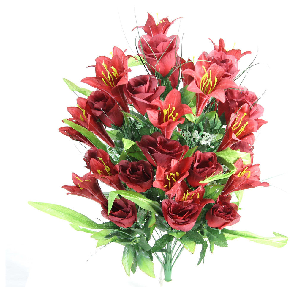 36 Stems Artificial Rose Buds And Lily Foliage, Burgundy