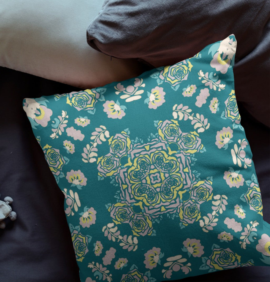 18" Teal Yellow Wreath Indoor Outdoor Zippered Throw Pillow