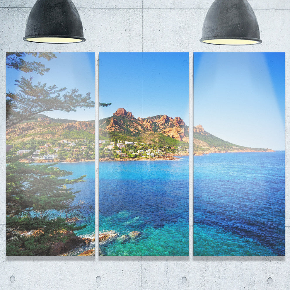 "Esterel Rocks Beach Coast in Blue" Metal Wall Art, 3 Panels, 36"x28"