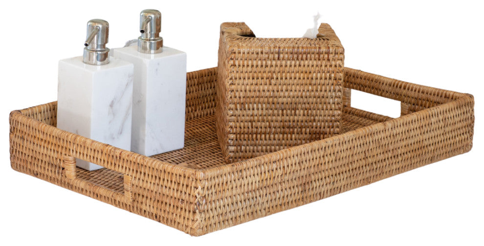 Artifacts Rattan Rectangular Tray With Cutout Handles, Honey Brown, Large