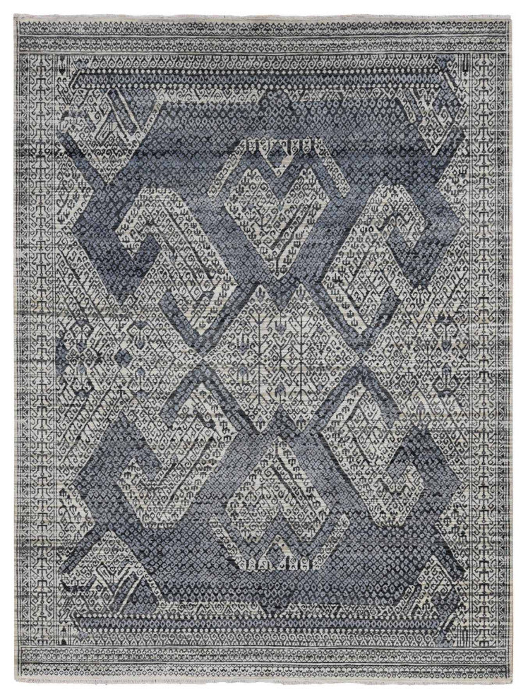 White Hand Knotted Tone on Tone Silk Small Repetitive Design Rug 9'x12'3"