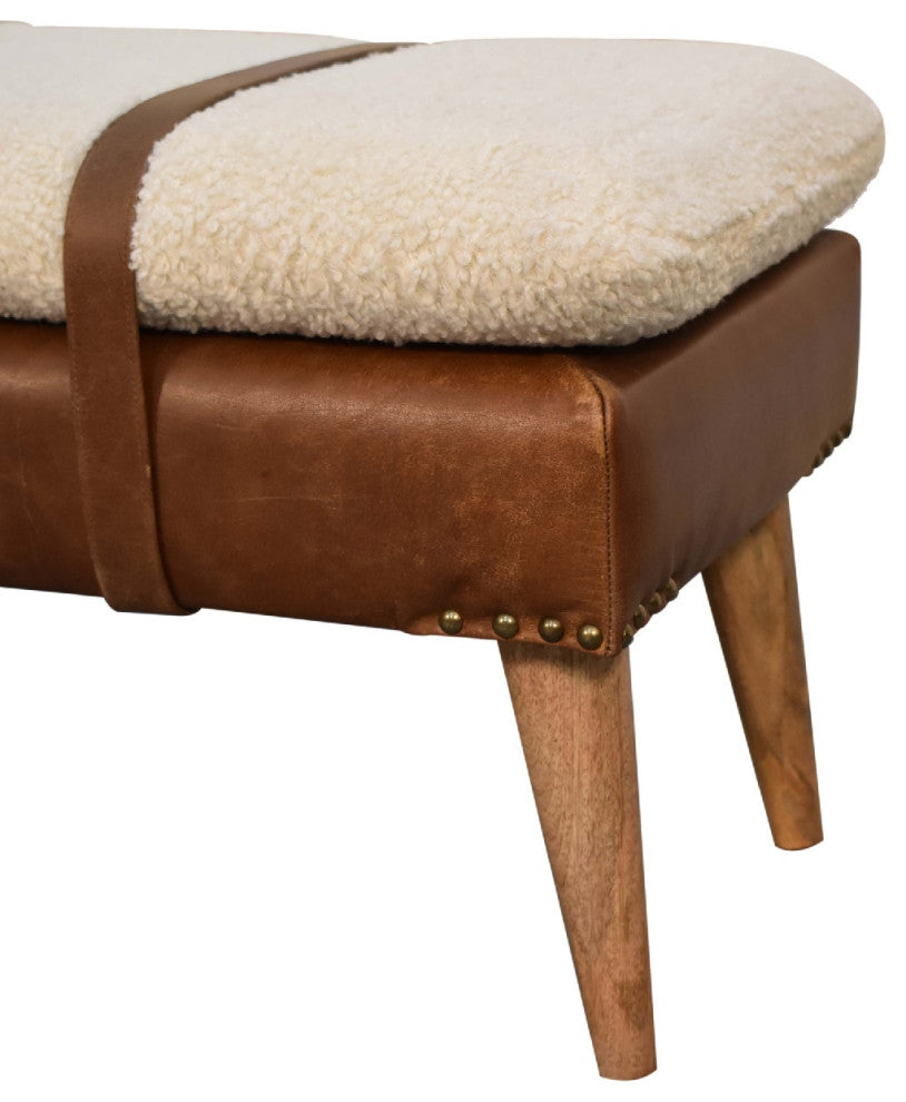 Solid Wood Boucle Buffalo Hide Leather Bench, Cream & Brown