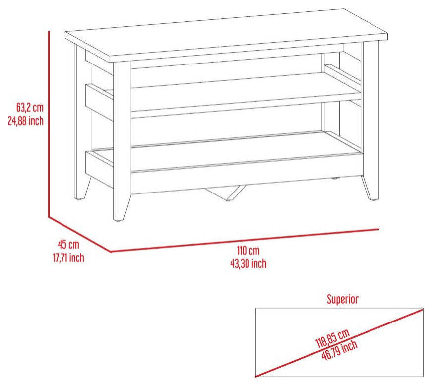Vilna Storage Bench with 2 Open Shelves and 4 Legs, Black