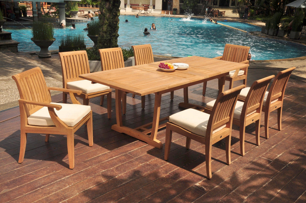 9-Piece Outdoor Teak Dining: 94" Masc Rectangle Extension Table, 8 Lagos Chairs