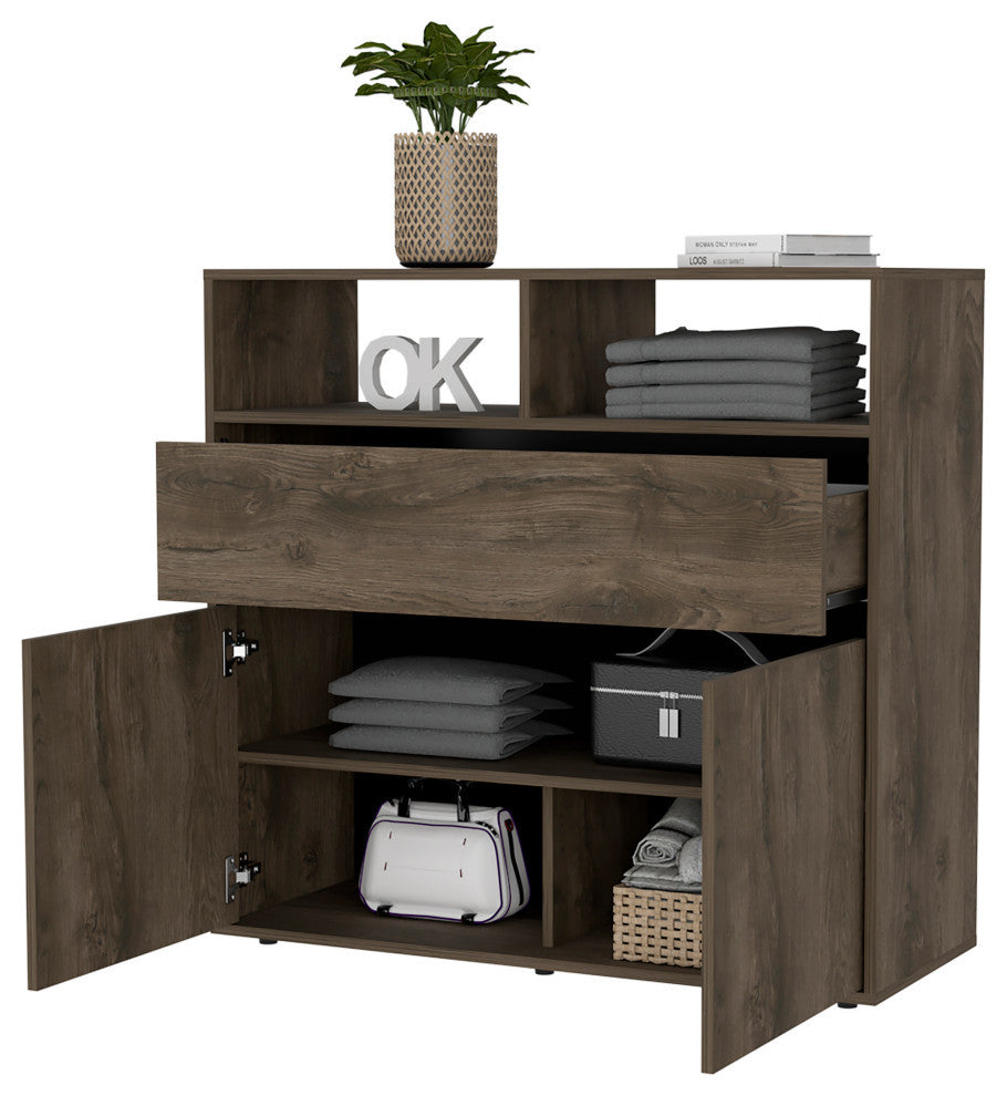 Gianna Dresser with Double Door Cabinet, 1 Drawer, and 5 Shelves, Dark Brown
