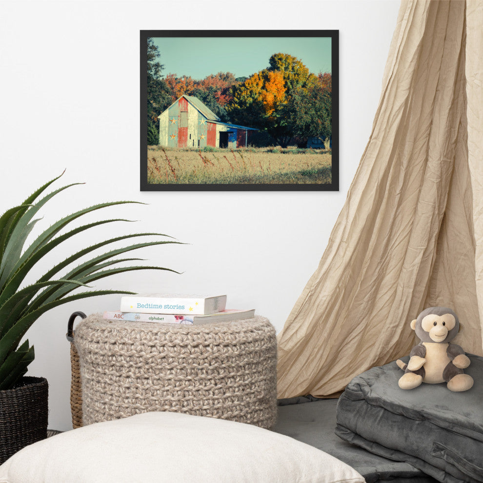 Patriotic Weathered Barn in Field Cross Processed Framed Photo Wall Art Prints, Black, 16" X 20"