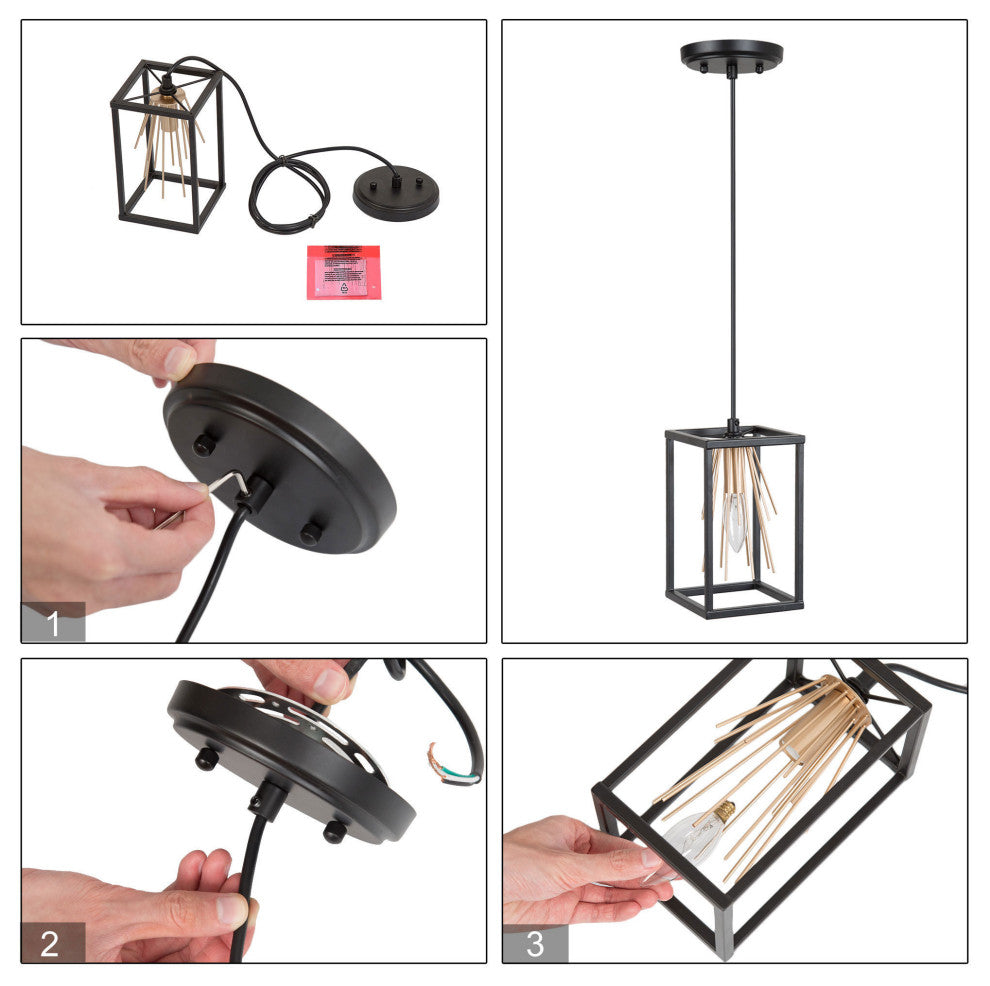 Modern Black & Brass Cage Pendant Light Hanging Light for Kitchen Island