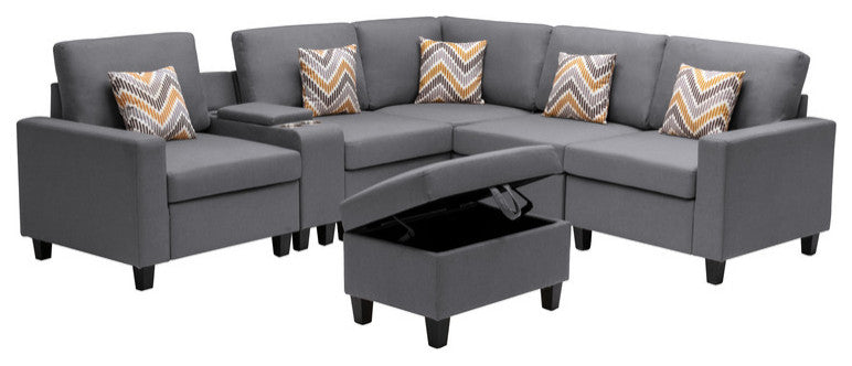 Nolan Gray Linen 7Pc Reversible Sectional Sofa, Storage Console Table, 89425-17B