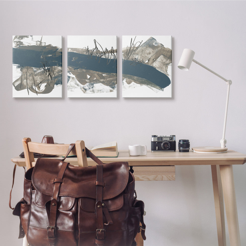 Abstract Line Painting Bold Blue Busy Grey Movement,3pc, each 16 x 20