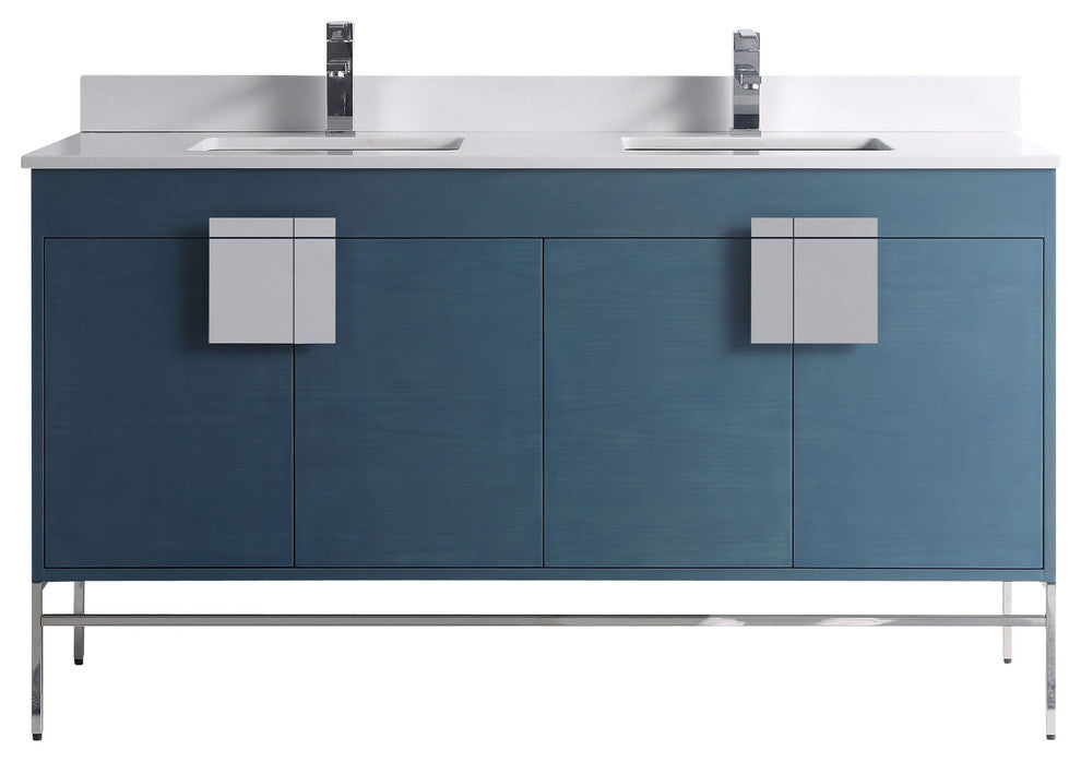 Modern Blue Bathroom Vanity Set, Chrome Hardware, Marbel Top