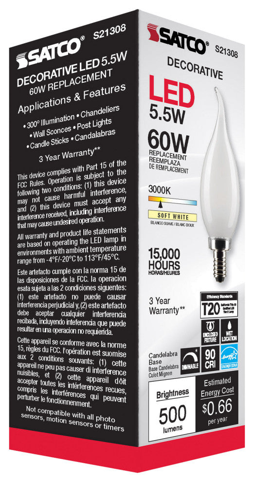 5.5W CA10 LED, Frost, Candelabra Base, 90 CRI, 3000K, 120V
