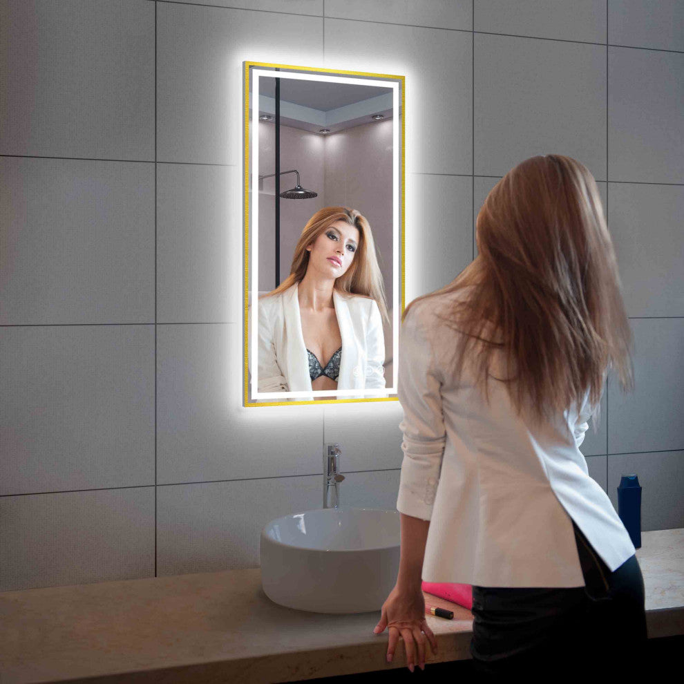 Fogless, Dimmable, Color Temperature Adjustable LED Mirror, Brush Gold, 18x36