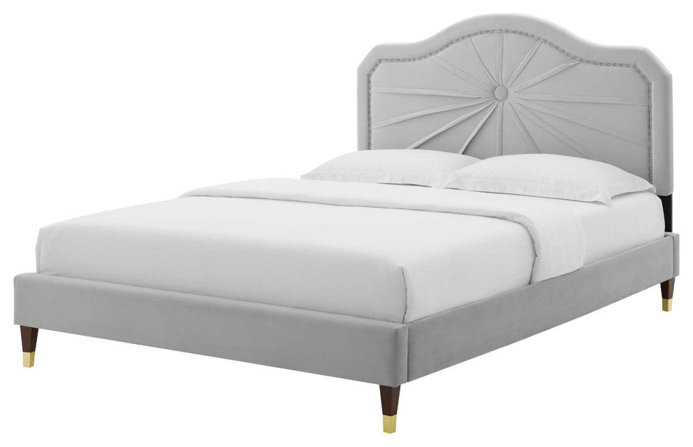 Platform Bed Frame, Full Size, Velvet, Light Gray, Modern Contemporary