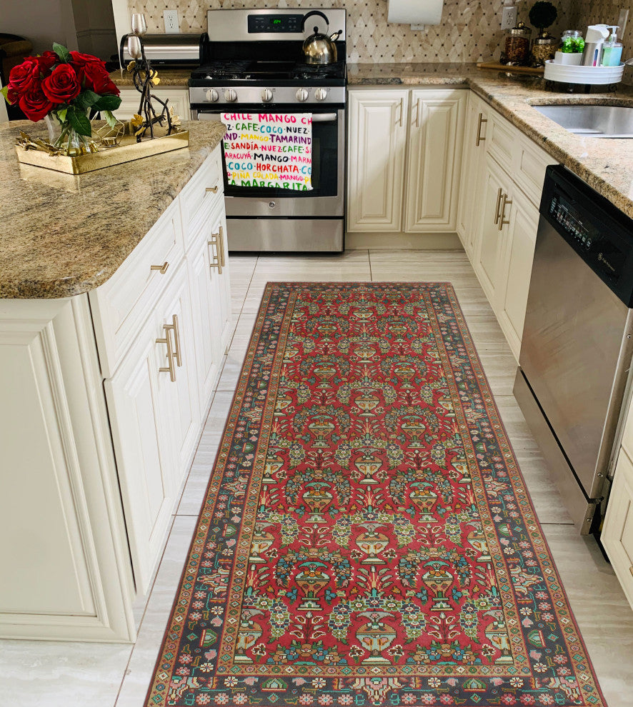 Fine Vintage Distressed Muhannad Red/Navy Runner, 3'4x9'7