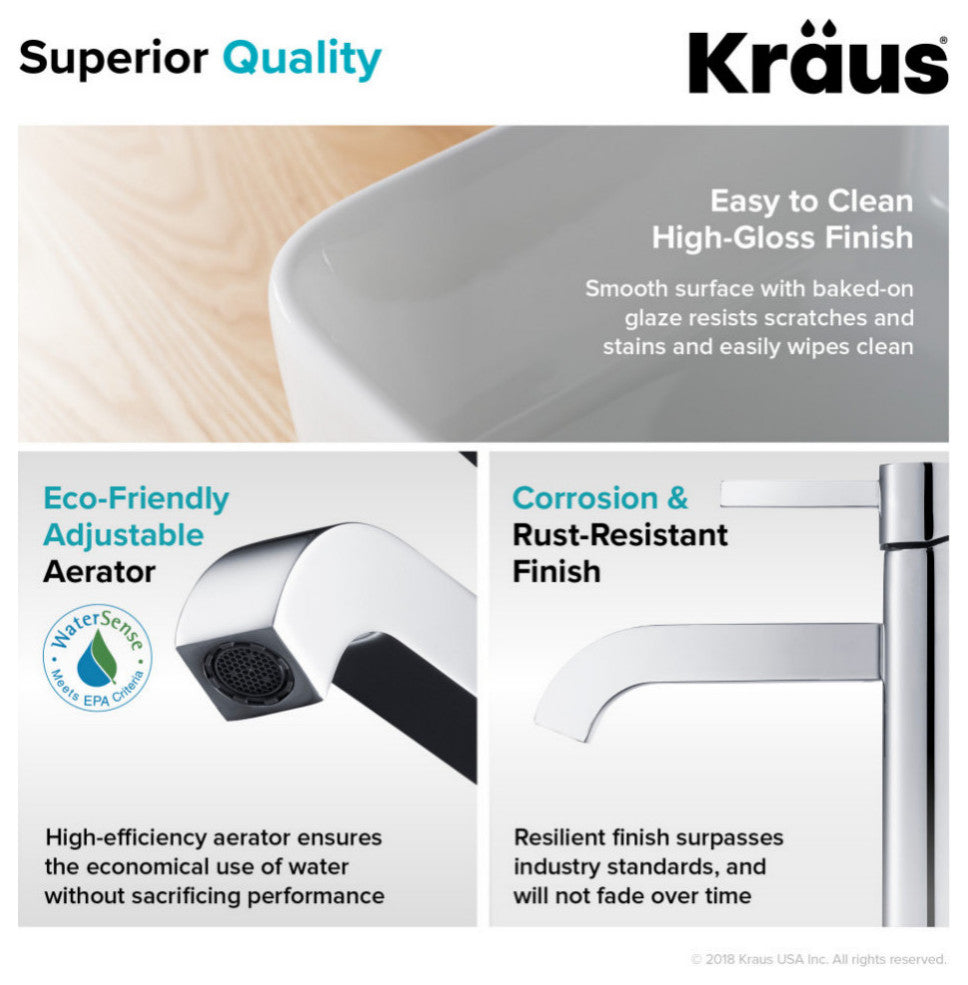 Elavo Square Ceramic Vessel Sink, Bathroom Ramus Faucet, PU Drain, Chrome