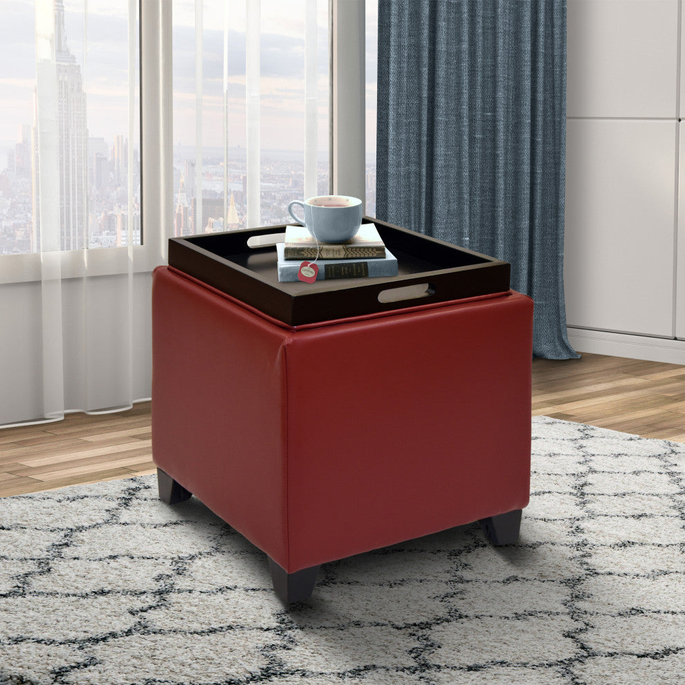 Contemporary Storage Ottoman With Tray, Red