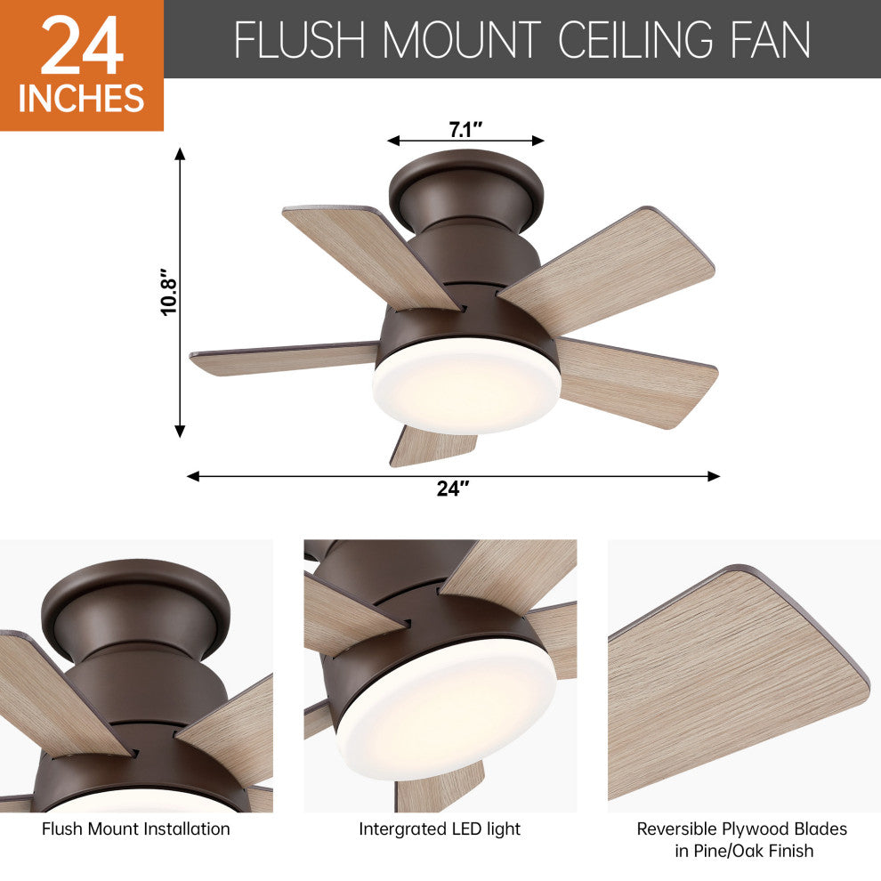 24 in Dimmable Flush Mounted Ceiling fan With 5 Blades and Remote, Bronze