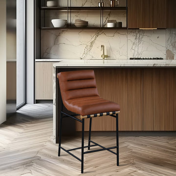 Burke Counter Stool, Cognac, Vegan Leather, White Oak Veneer Metal Dowel
