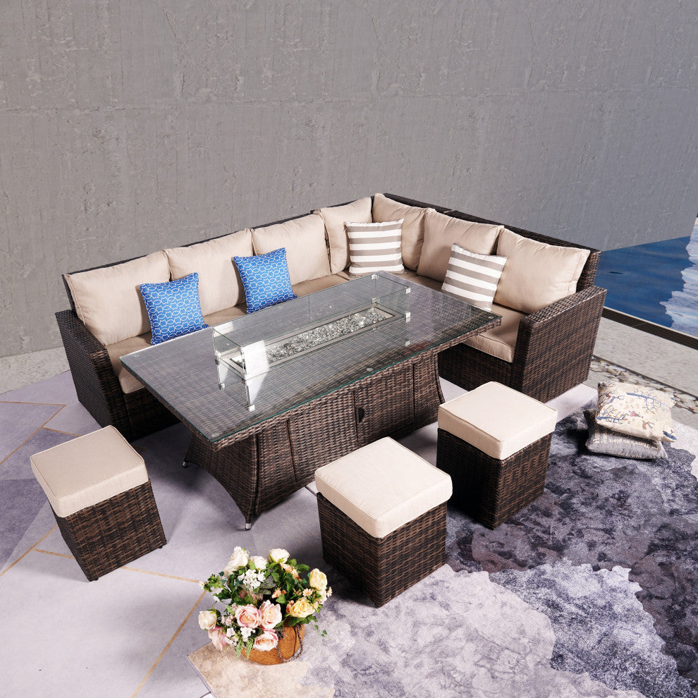 9 Pieces Patio Rectangle Firepit Dinging Table Sofa Set with Wind Guard, Set