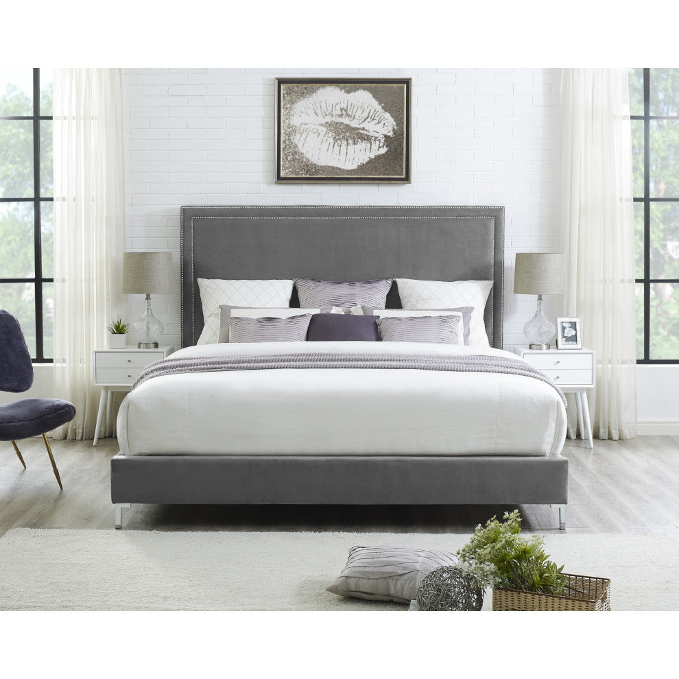 Giovanna Nailhead Trim Platform Bed, Gray Velvet, Queen