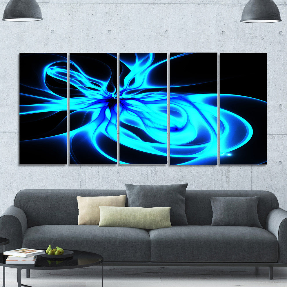 Glowing Blue Symmetrical Flower, Abstract Canvas Art Print, 60"x28", 5 Panels