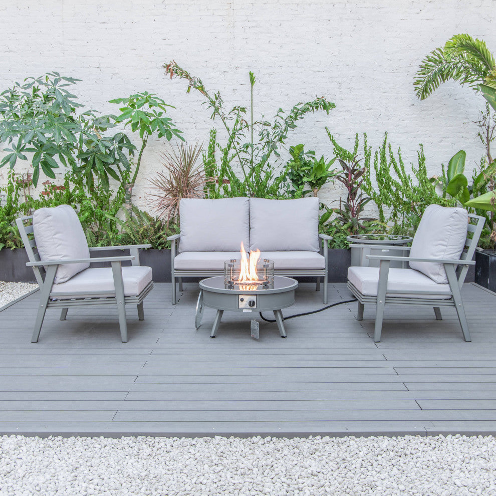 LeisureMod Walbrooke Grey Patio Sofa Set With Round Fire Pit Table, Light Grey