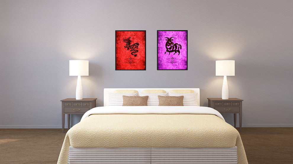 Ram Chinese Zodiac Purple Print on Canvas with Picture Frame, 22"x29"