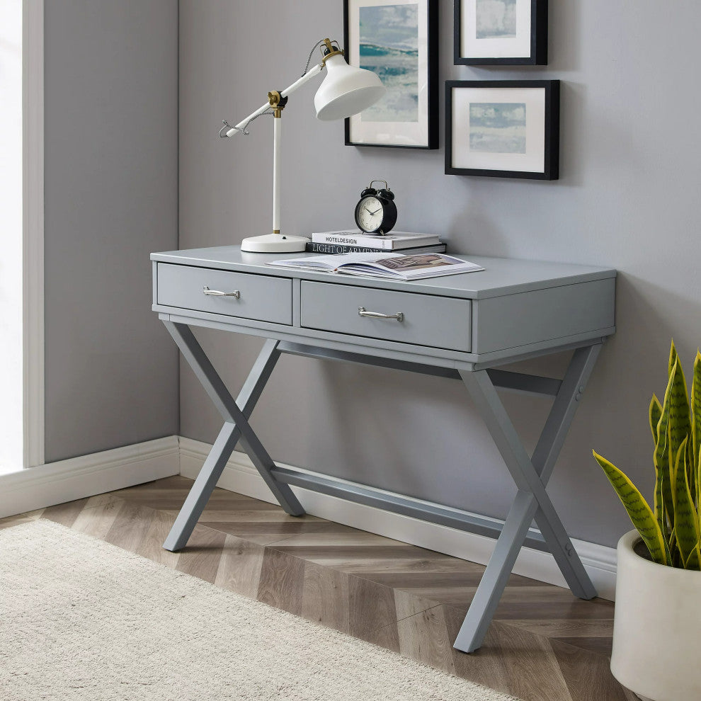 Contemporary Desk, Pine Wood Frame With X-Shaped Sides & 2 Drawers, Gray Finish