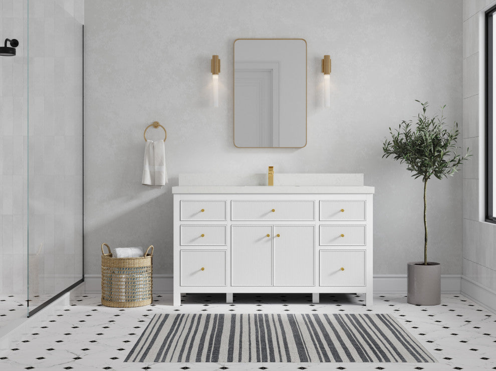 Sonoma 60 Single Sink Reeded Bathroom Vanity in White 2" Carrara Quartz