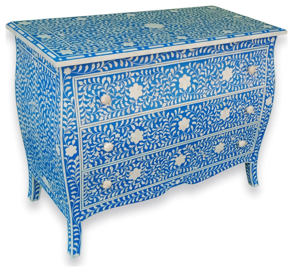 Curved French Style Bone Inlay Dresser Chest in Blue