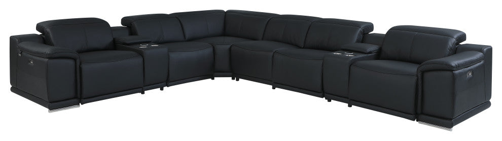 Federico 8-Piece L-Shaped Top Grain Italian Leather Sectional-4 Power Recliners, Black