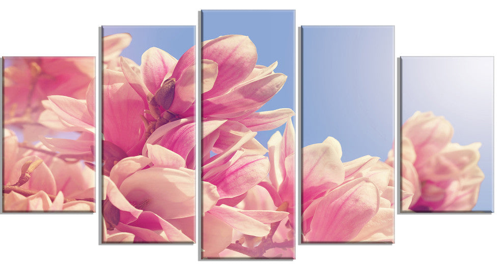Magnolia Flowers on Sky Background, Large Floral Canvas Print, 60"x32", 5 Panels
