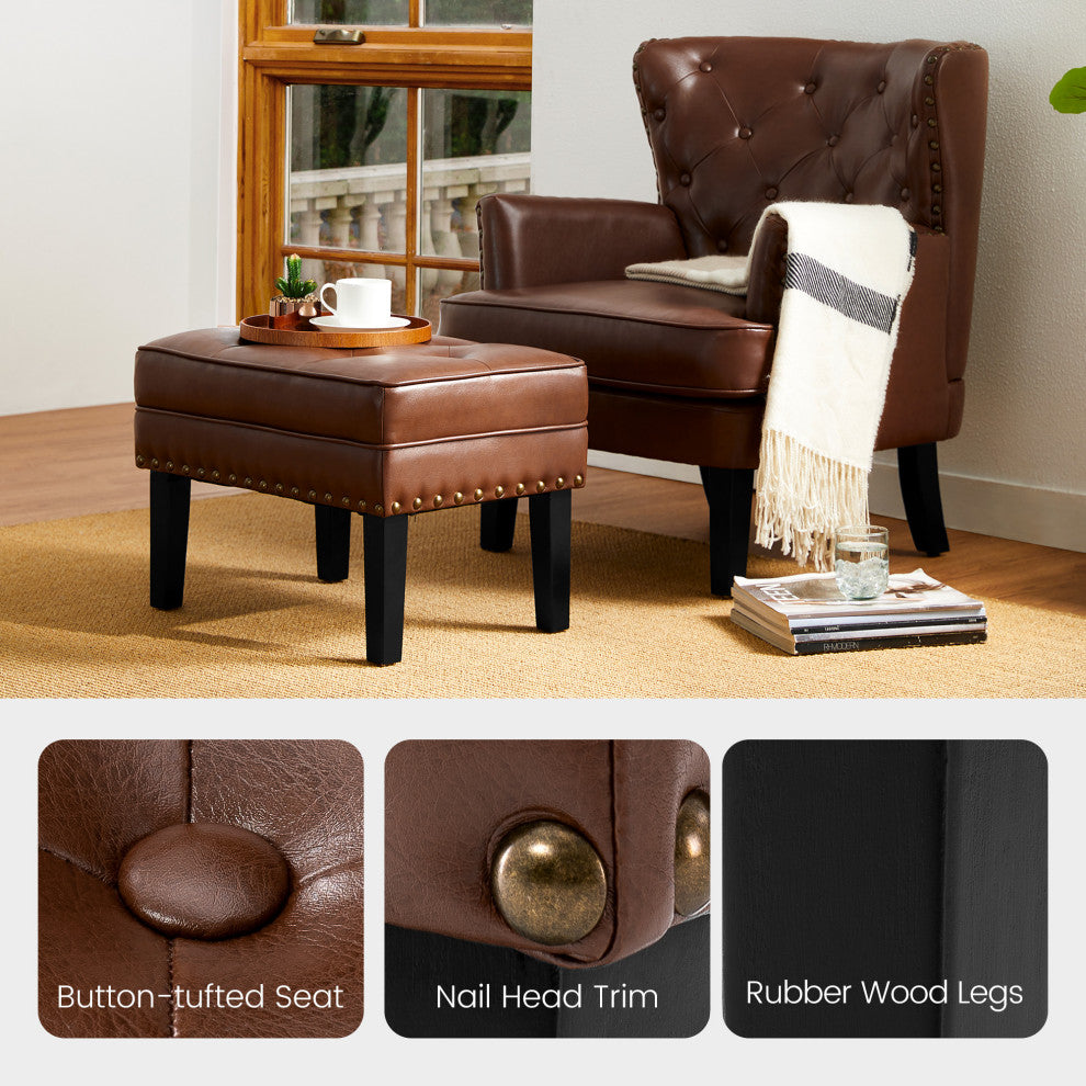 Set of 2 Accent Chair and Accent Stool, Coffee