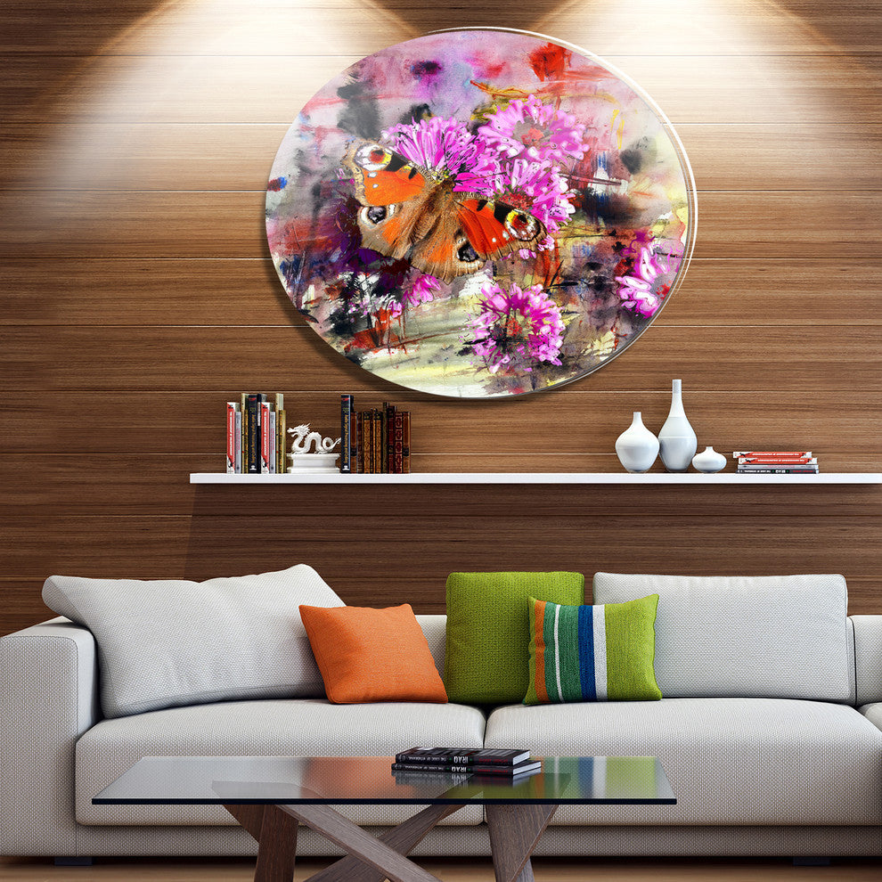 Pink Flowers And Cute Butterflies, Floral Disc Metal Artwork, 38"