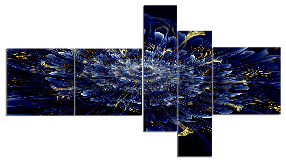 Blue Fractal Flower, Floral Art Canvas Print, 60"x32", 5 panels