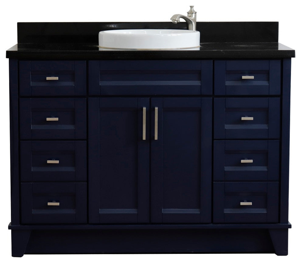 49" Single Sink Vanity, Blue Finish With Black Galaxy Granite And Round Sink