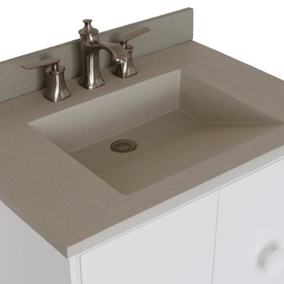 31" Single Vanity, White Finish With White Concrete Top And Rectangle Sink