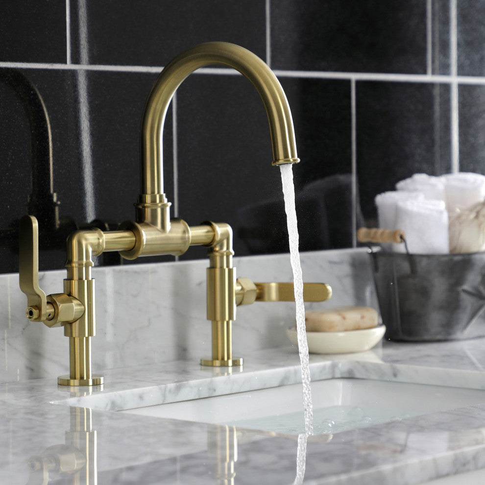 KS2177KL Industrial Style Bridge Bathroom Faucet and Pop-Up Drain, Brushed Brass
