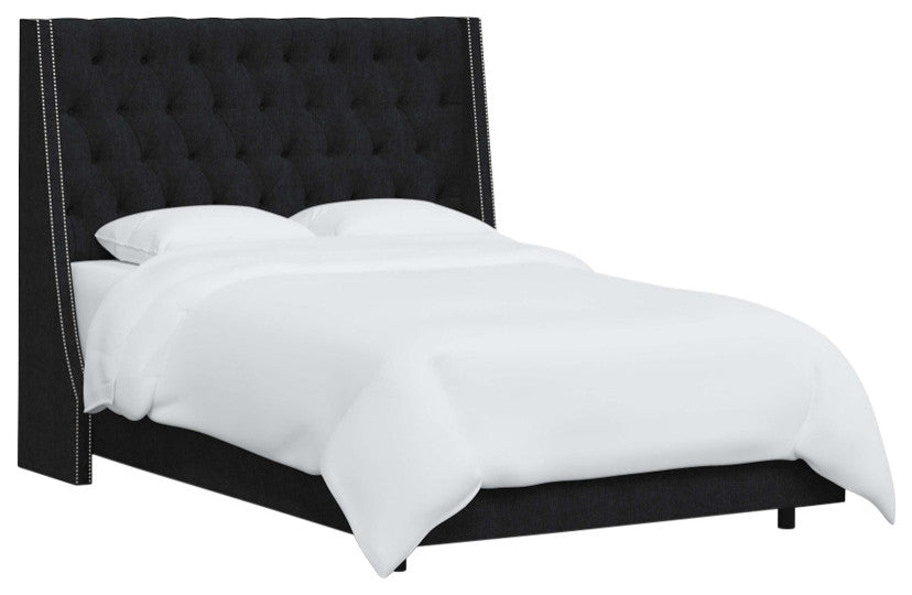 Tufted Sloped Wingback Bed, Nail Trim, Zuma Caviar, Full