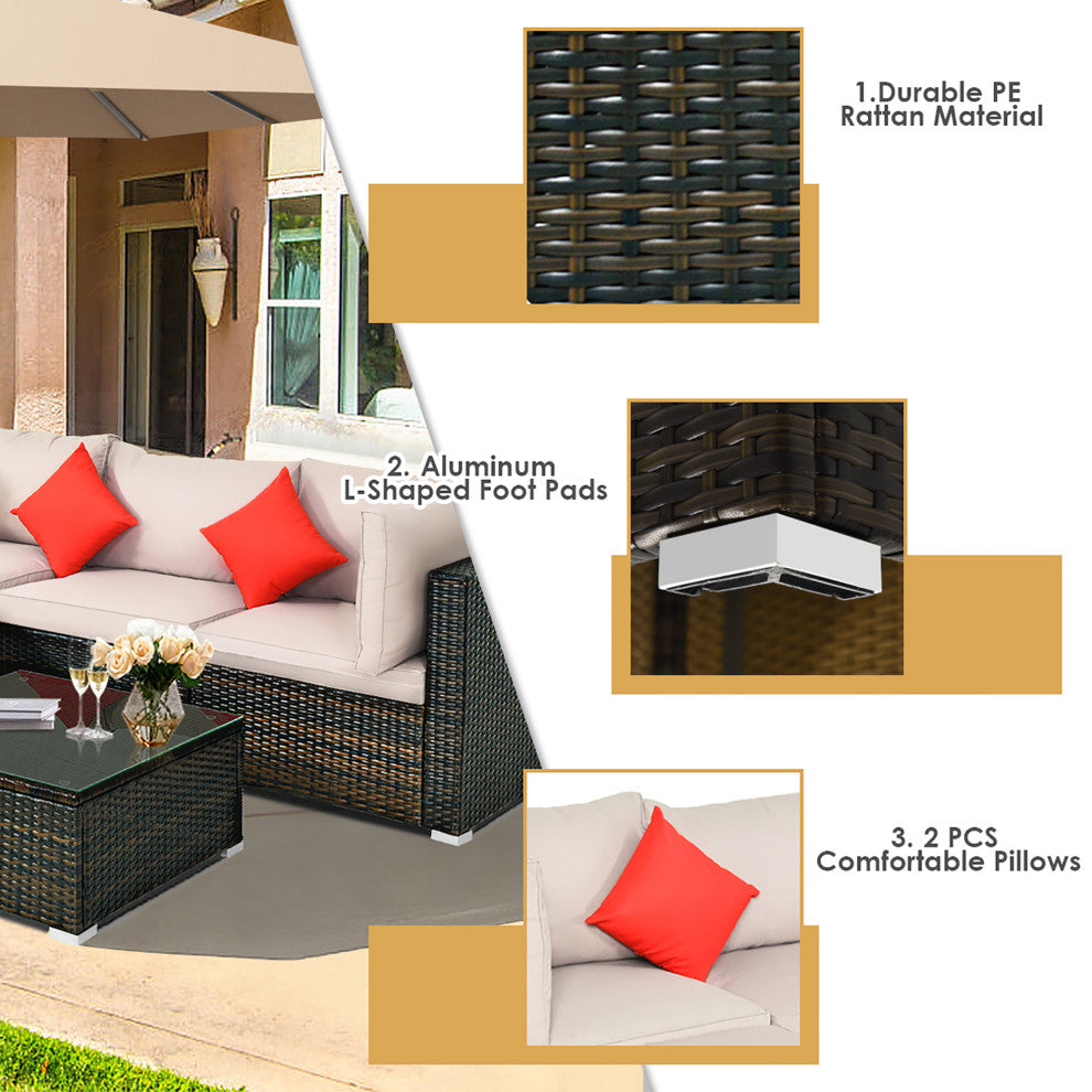 Costway 5PCS Outdoor Patio Rattan Furniture Set W/Beige Cushion