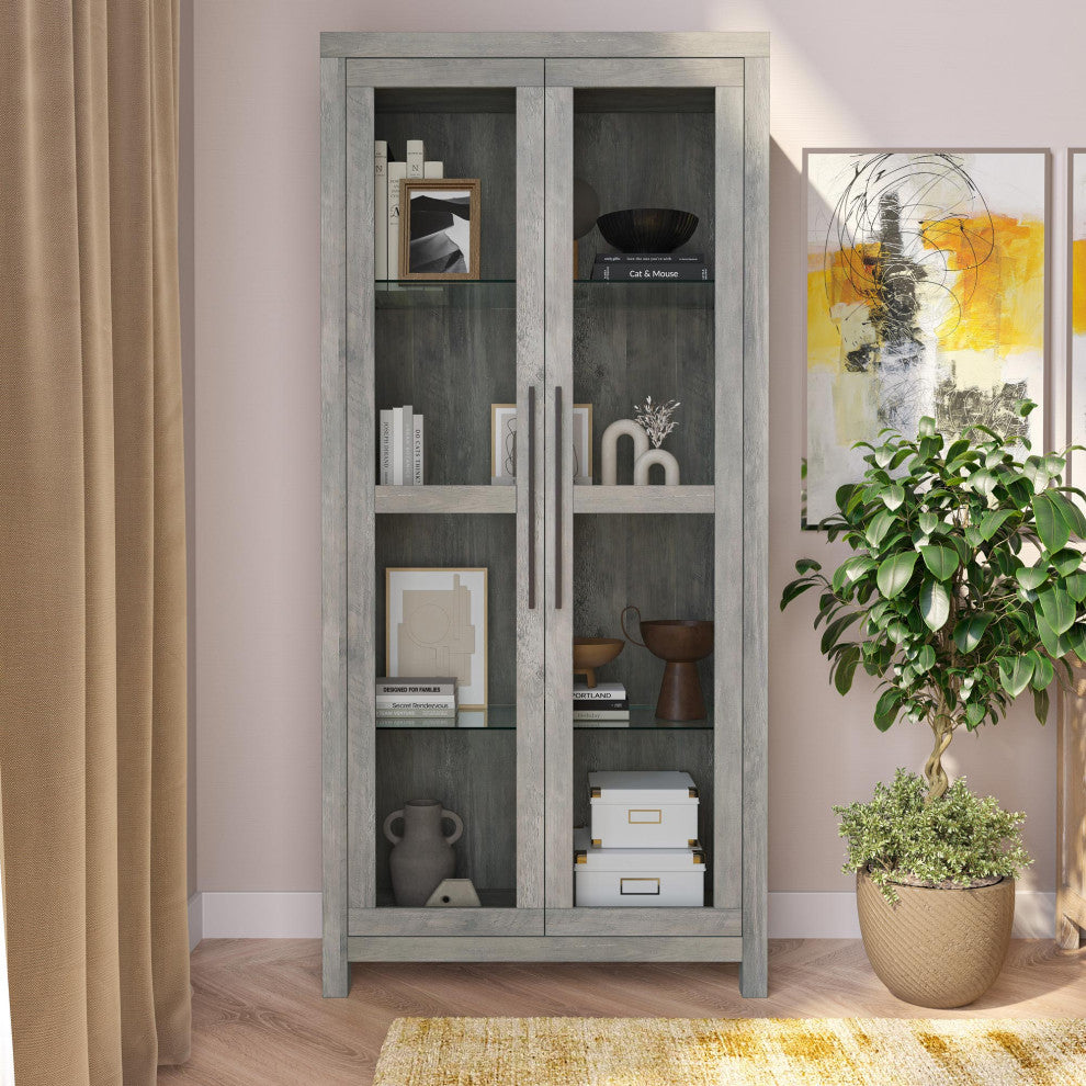 Curio Storage Cabinet with Tempered Glass Doors, Display Cabinet, Gray Wash