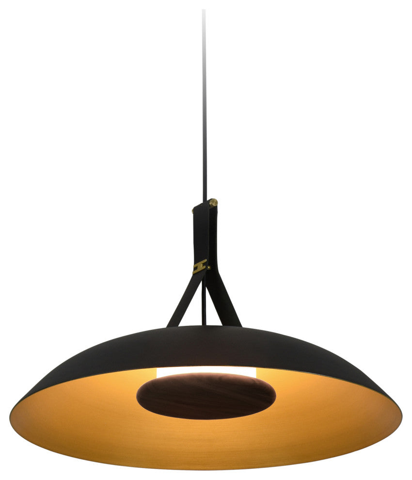 Volo LED Pendant, Noir, Brushed Brass/ Black Leather/Dark Stained Walnut, 3000K