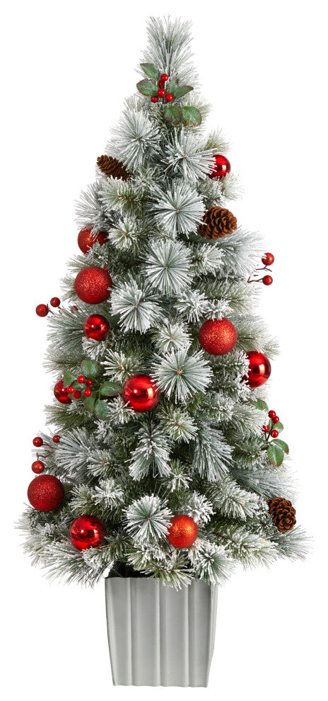 4' Winter Flocked Christmas Tree Pre-Lit With 50 LED Lights, Ornaments, Planter