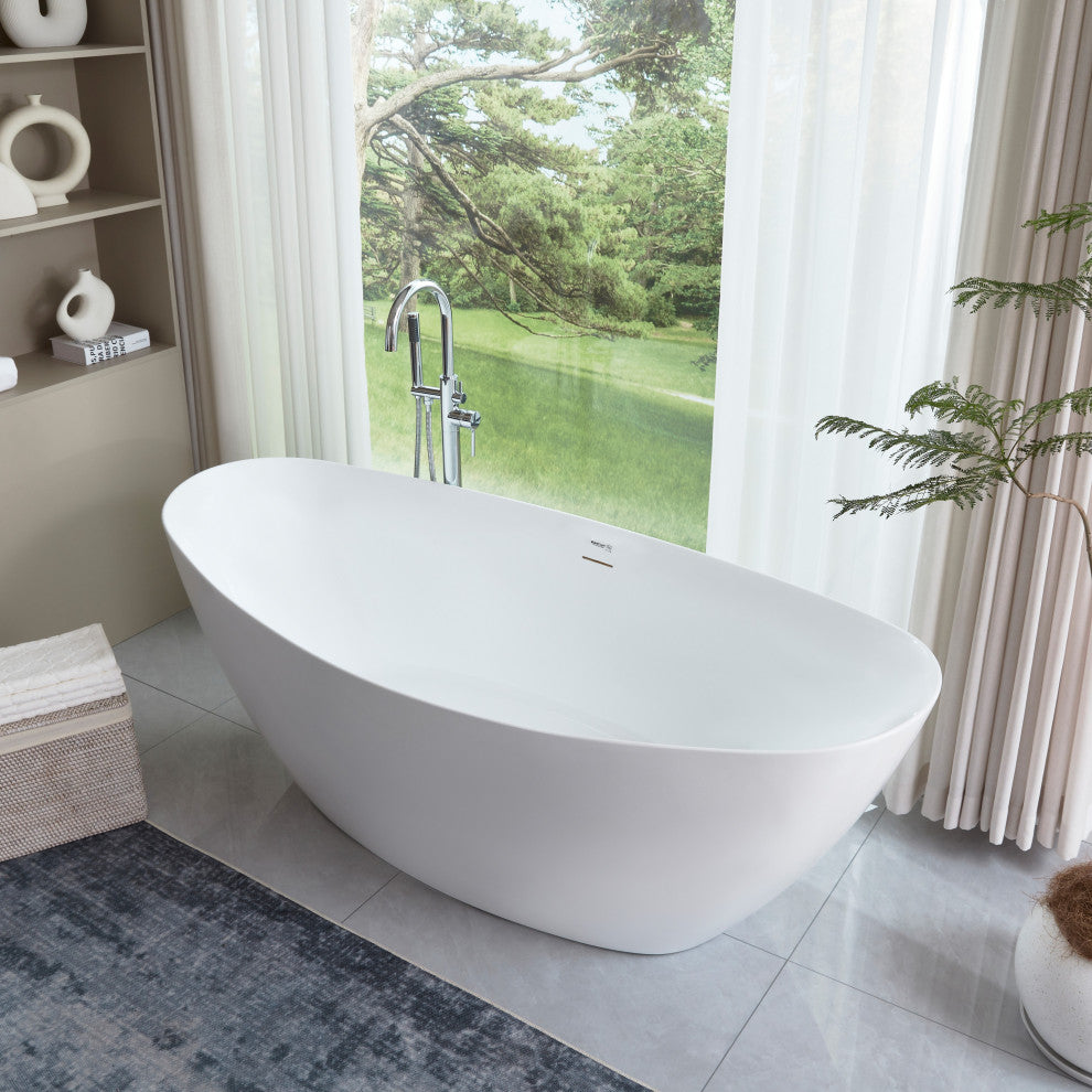 Vanity Art 71" x 33" Acrylic Freestanding Soaking Bathtub, White/Integrated Overflow